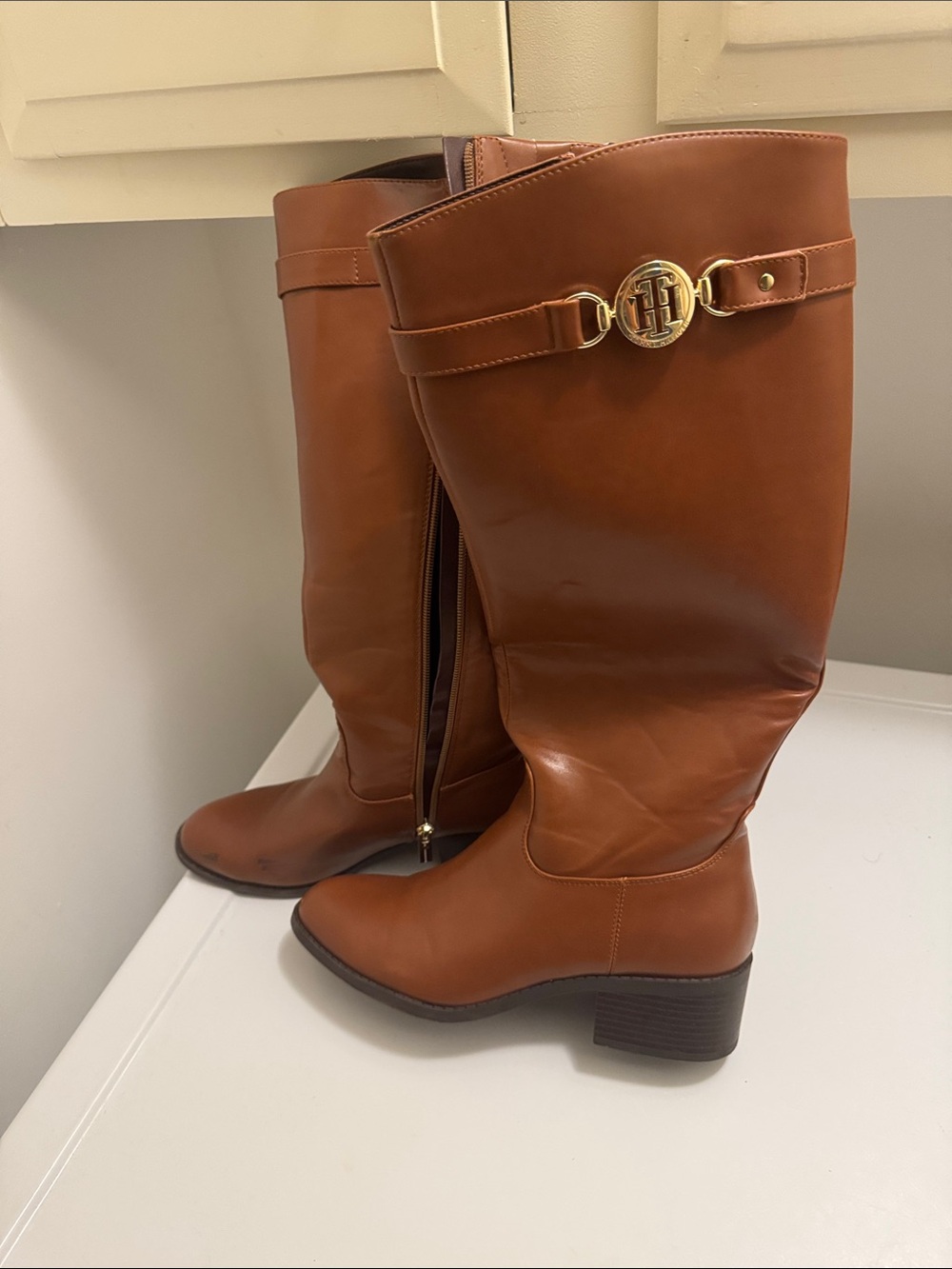 Tommy Hilfiger Tall Brown Leather Riding Boots with Gold Logo Accent